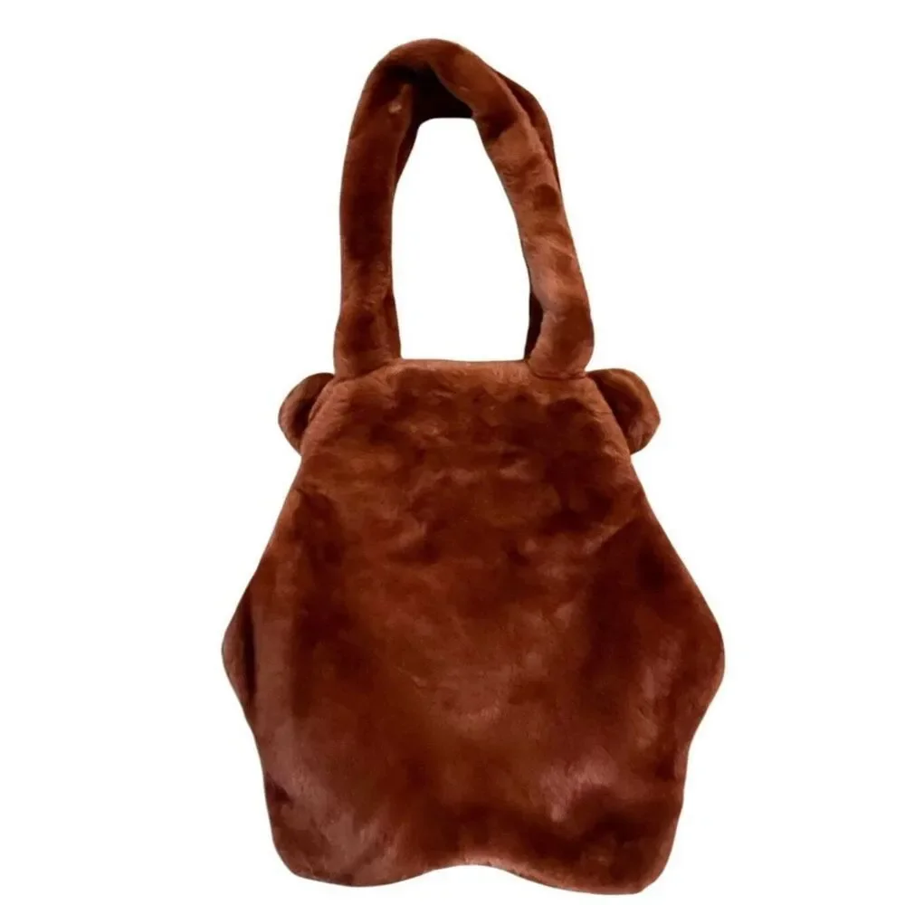 Small Plush Brown Bear Shoulder Bag Cute Purse Double Handles New